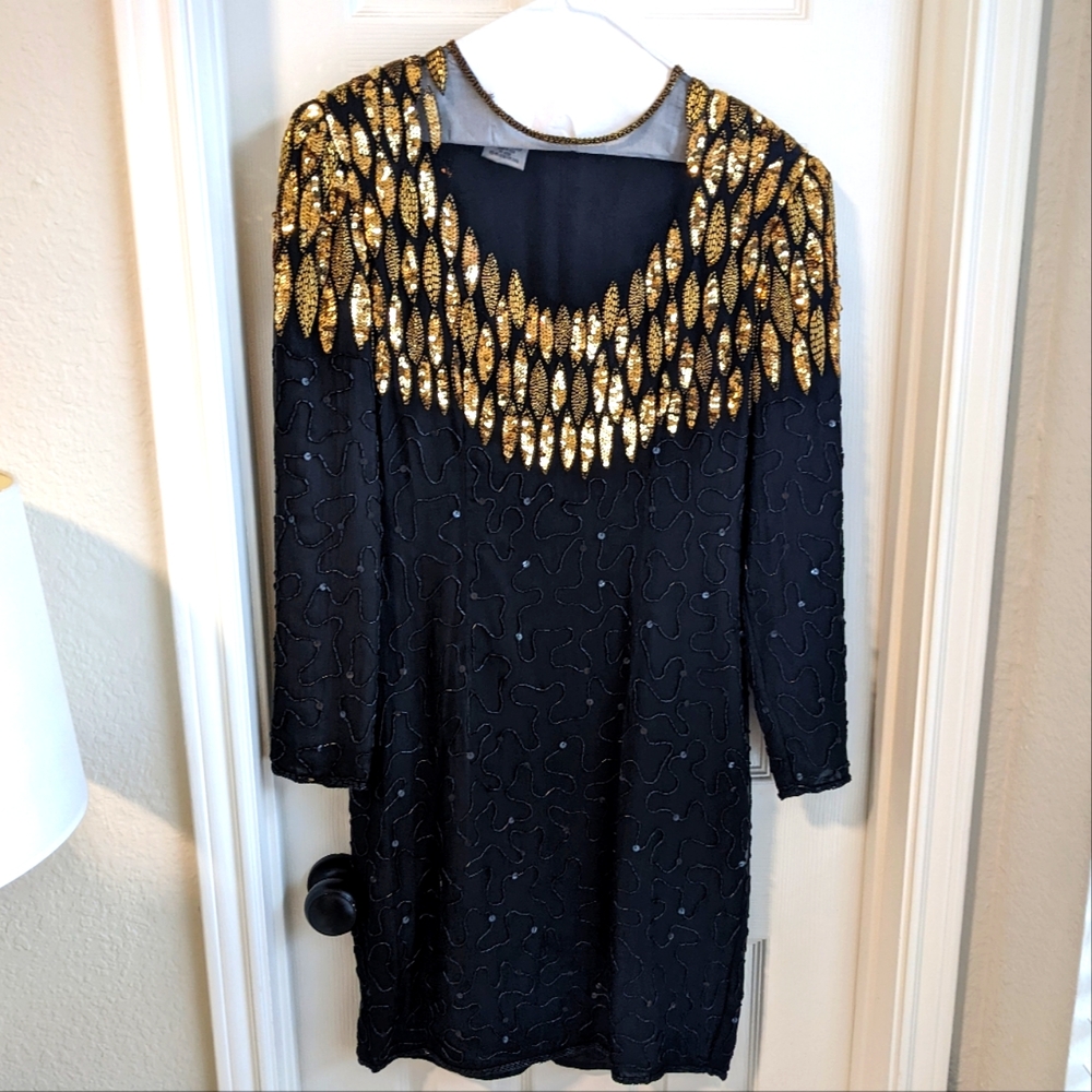 Vintage 80s Stenay Black & Gold Beaded Sequin Mini Dress